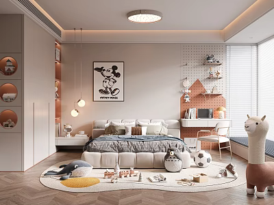 Modern Kids Room Interior Design With Soft Bed Stuffed Toys And Mickey Mouse Artwork 3d model