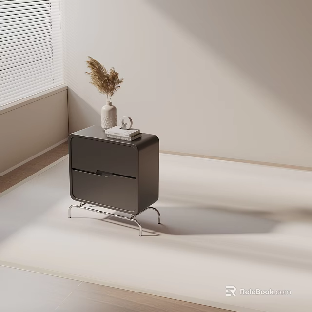 Black Side Table with Two Drawers Metal Frame Vase and Books in Modern Minimalist Setting 3d model 