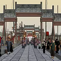 Traditional Chinese Commercial Street with Bustling Pedestrians and Ancient Style Shops