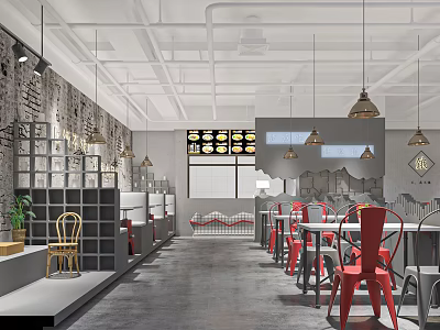 Modern Restaurant Interior With Red Chairs White Tables Hanging Lamps And Brick Wall 3d model