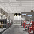 Modern Restaurant Interior With Red Chairs White Tables Hanging Lamps And Brick Wall