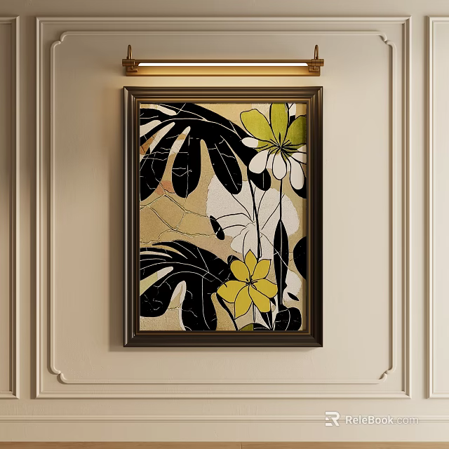 Elegant Floral Decorative Painting With Yellow Flowers Black Leaves Dark Frame On Beige Wall 3d model 