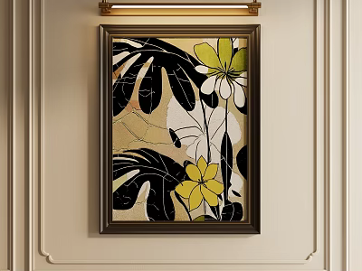 Elegant Floral Decorative Painting With Yellow Flowers Black Leaves Dark Frame On Beige Wall 3d model
