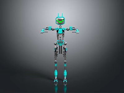Turquoise And Black Mechanical Robot With Green Display Screen And Articulated Limbs 3d model