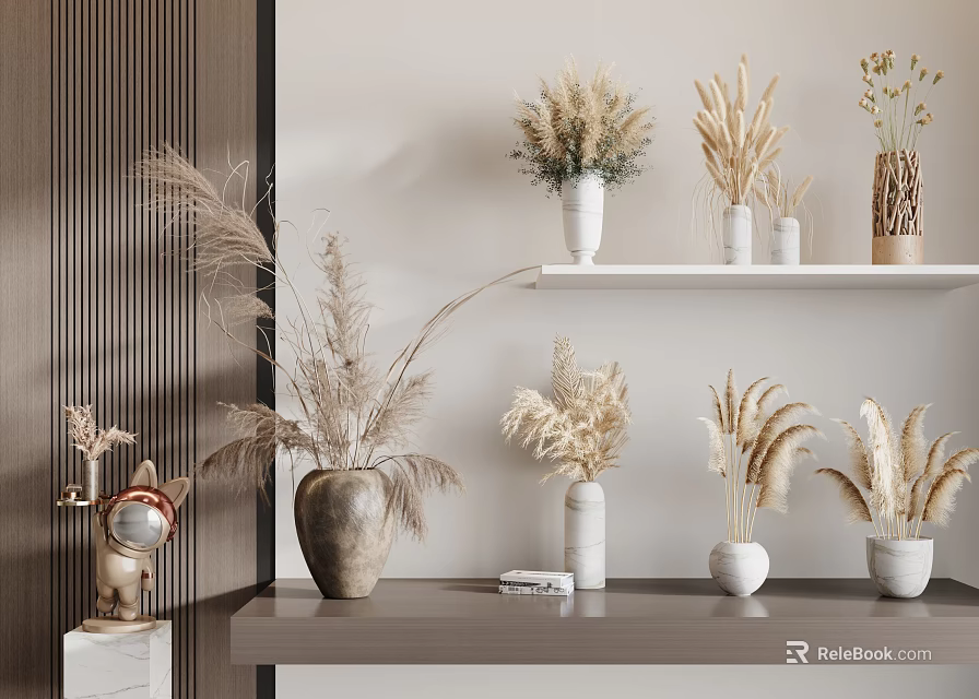 Multiple Modern Vases With Natural Dried Flowers On Shelf And Tabletop 3d model