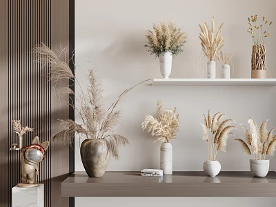 Multiple Modern Vases With Natural Dried Flowers On Shelf And Tabletop 3d model