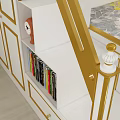 White And Gold Modern Bunk Bed With Staircase Storage Bookshelf Lower Yellow Mattress Near Window