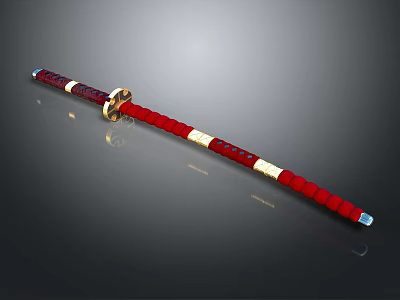 Traditional Chinese Weapon Long Staff With Red Beads White Decorations Golden Fittings And Blue Tip 3d model