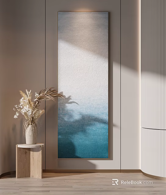 Long Vertical Decorative Painting With Blue White Gradient And Dried Flower Vase 3d model 