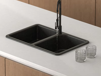 Black Double Bowl Kitchen Sink with Faucet on White Countertop and Glass Cups 3d model