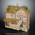 Traditional Wooden Two Story House With Grass Roof Chimney And Staircase