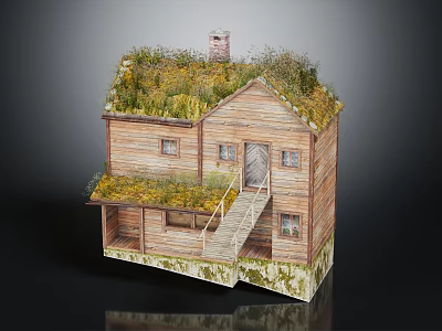 Traditional Wooden Two Story House With Grass Roof Chimney And Staircase 3d model