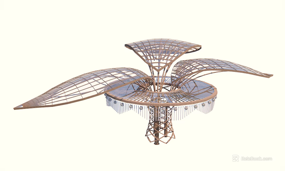 Unique Modern Pergola With Wing Shaped Grid Canopy And Metal Support Structure 3d model