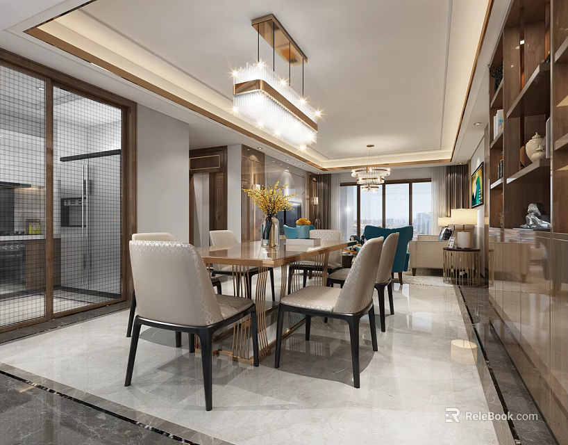 Modern Elegant Restaurant Interior With Open Layout Wooden Dining Table Chairs Chandelier And Marble Floor 3d model 