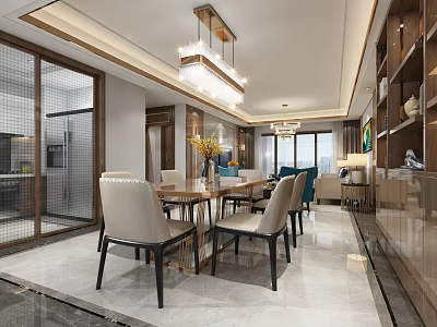 Modern Elegant Restaurant Interior With Open Layout Wooden Dining Table Chairs Chandelier And Marble Floor 3d model