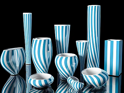 Blue And White Striped Ceramic Vases And Bowls Decorative Collection 3d model