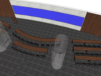 Curved Conference Table With Surrounding Chairs Wooden Walls Blue Panel And Gray Carpet 3d model