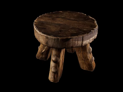Rustic Wooden Stool with Round Seat and Four Legs on Black Background 3d model