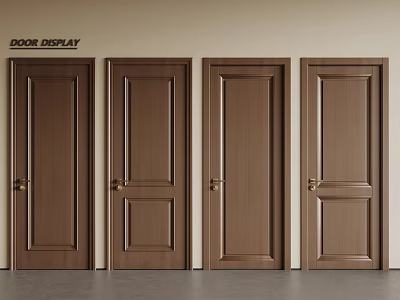 Brown Wooden Hinged Doors Display With Various Panel Designs And Metal Handles 3d model