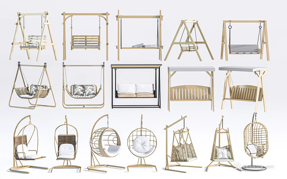 Collection Of Stylish Hanging Chairs With Various Designs And Comfortable Seats 3d model 