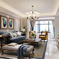 Modern Living and Dining Room Interior With Chandeliers Marble Floor TV Unit And Plants