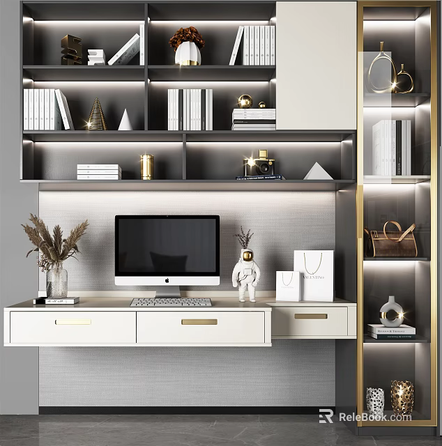 Modern Desk Interior With White Surface Bookshelves Computer And Gold Accents 3d model 