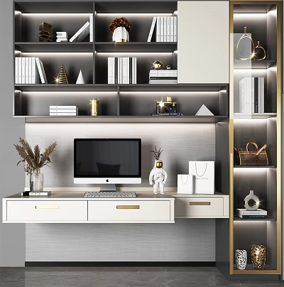Modern Desk Interior With White Surface Bookshelves Computer And Gold Accents 3d model