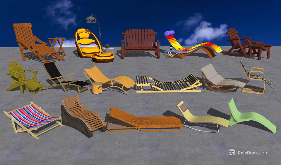 Various Outdoor Lounge Chairs With Different Styles Colors And Designs Under Blue Sky 3d model 