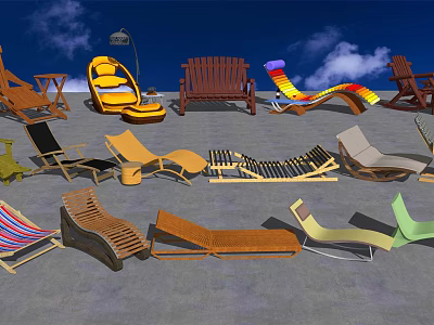 Various Outdoor Lounge Chairs With Different Styles Colors And Designs Under Blue Sky 3d model