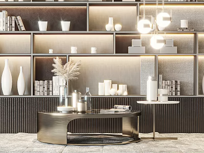 Modern Round Metal Coffee Table with Decorative Items Books White Vases Candles in Stylish Interior 3d model