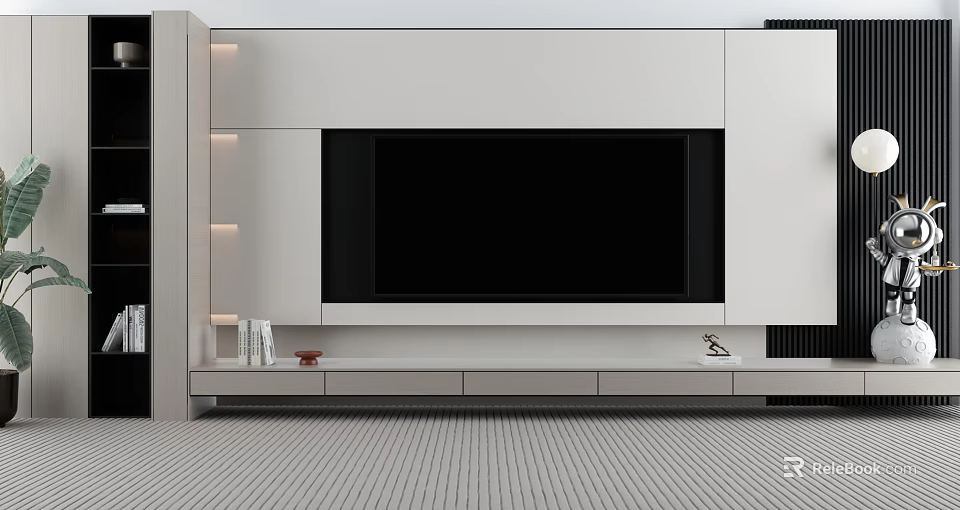 Modern Minimalist TV Background Wall With Cabinets Lights And Decor 3d model