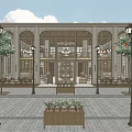 Commercial Street Interior With Two Floors Brick Walls Chandeliers Arched Doorways And Tables