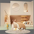 Cozy Children's Bunk Bed With Stairs Round Window Play Net And Toys