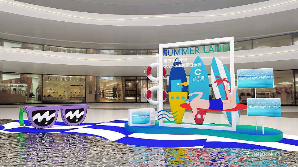 Summer Land Themed Mall Atrium Decor With Surfboard Swimsuit Figure And Sunglasses 3d model 