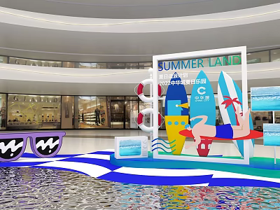 Summer Land Themed Mall Atrium Decor With Surfboard Swimsuit Figure And Sunglasses 3d model