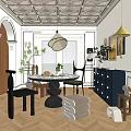 Elegant Classic Restaurant Interior With Dining Table Chairs Pendant Lights Ceiling Details And Herringbone Flooring