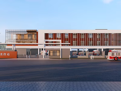 Modern Fire Station Building Exterior Design With Red White Facade Fire Truck And Glass Elements 3d model