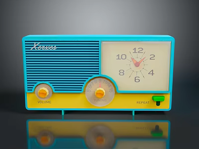 Vintage Kensee Radio With Blue Yellow Design Clock Display Volume Tuning Knobs And Green Button 3d model