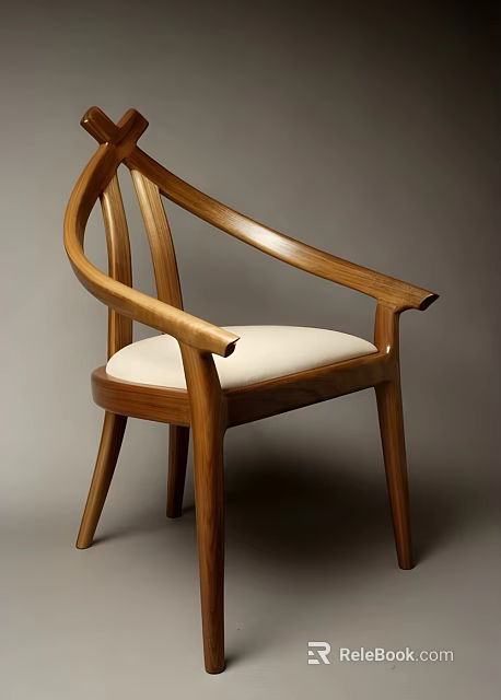 Wooden Single Chair With Curved Armrests And Light Colored Padded Seat 3d model 