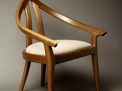Wooden Single Chair With Curved Armrests And Light Colored Padded Seat 3d model