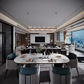 Modern Living and Dining Room Interior With Large Windows City View Chandelier And Sofa