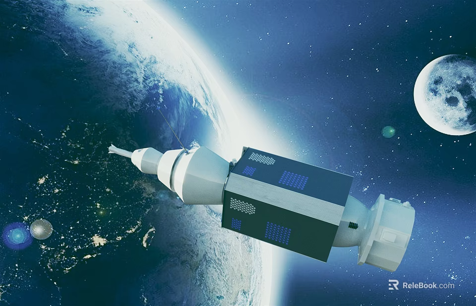 Satellite Orbiting Earth With Moon And Starry Sky In Background 3d model 