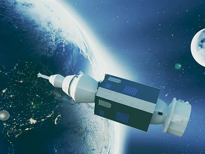 Satellite Orbiting Earth With Moon And Starry Sky In Background 3d model