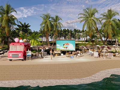 Beachside Campsite Featuring Palm Trees Pink Ice Cream Truck Umbrellas Chairs And Screen 3d model