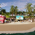 Beachside Campsite Featuring Palm Trees Pink Ice Cream Truck Umbrellas Chairs And Screen