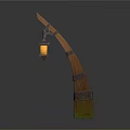 Wooden Curved Street Lamp With Hanging Lantern And Metal Accents