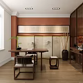 Traditional Chinese Style Display Hall Interior With Wooden Grid Shelves Central Counters And Green Plant