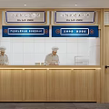 Chinese Fast Food Restaurant Interior With Chefs At Wooden Order Counter And Blue Signs