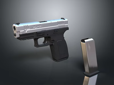 XDS Pistol Silver Black Design with Magazine on Dark Display Background 3d model