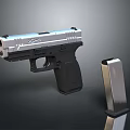 XDS Pistol Silver Black Design with Magazine on Dark Display Background